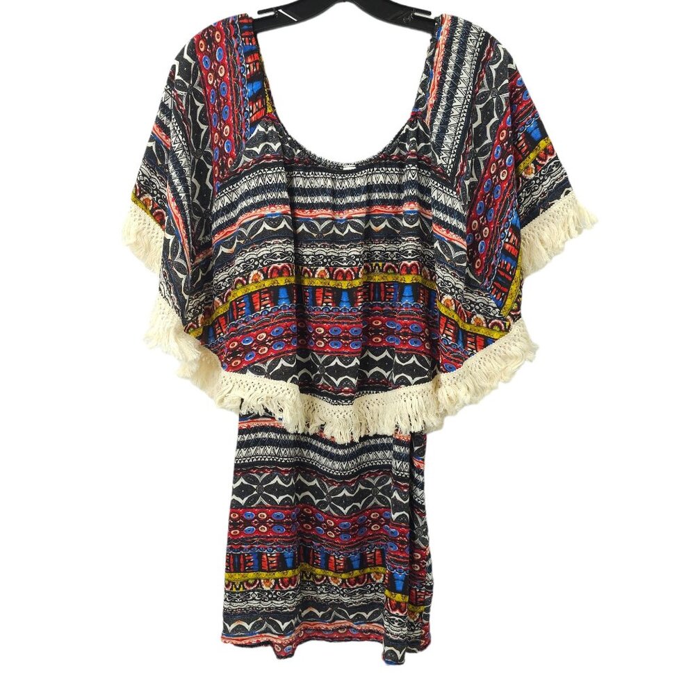 Yahada Tribal Geometric Boho Mini Dress Womens S Fringe Attached Poncho Style
